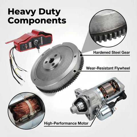Pull To Electric Start Conversion Kit For GX340 GX390 Engines with heavy-duty components: motor, flywheel, and steel gear.