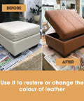 Leather Repair Paint Kit For Furniture And Car Seats 2 In 1 Seal And Color Use On Scratches Tears And Holes Quick Easy Leather Repair With 16 Color Options Dries Flexible And Prevents Future Damage Dark Brown 50 ml applied on ottoman showing before and after color change.