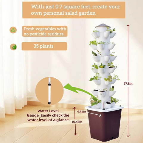 35-Pod Hydroponic Vertical Garden Tower For Indoor And Outdoor Growing, 7-Layer System With Smart Timer Watering