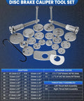 Pro Grade Heavy Duty Brake Caliper Compression Tool Set 24pc Universal Fit displayed with adapters and retaining plates.