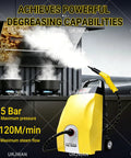 Heavy Duty High Temp Steam Cleaner For Home And Cars. Quick 60 Second Heat Up Multi-Use steam washer in yellow with hose.