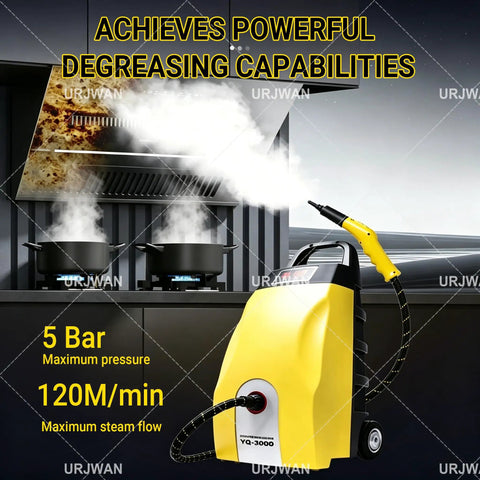 Heavy Duty High Temp Steam Cleaner For Home And Cars. Quick 60 Second Heat Up Multi-Use steam washer in yellow with hose.