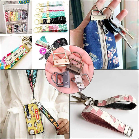 40 Piece 1 Inch Key Fob Hardware Set With Pliers For Wristlets Lanyards And Key Chains Making Supplies In Four Colors For DIY Keychain Projects Great For Crafting And Gift Giving displayed in various crafting projects.