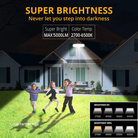 Image of Smart Outdoor LED Flood Light 64W illuminating a yard with children playing at night, showing super brightness of 5000LM, 2700K-6500K.