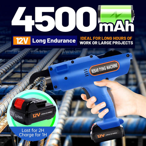 Heavy Duty Cordless Rebar Tying Machine Kit For 8-34mm Steel Bars adjustable tier gun with 4500mAh battery and ergonomic grip.