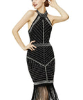 Glam Gatsby Era Flapper Dress For Women With Sequin Fringe And Halter Neck Sleeveless Knee Length Backless Party Dress In Black Glittering Pearls