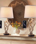 Rustic Western Farmhouse Table Lamp Set Of 2, 26 Inch Tall With USB Ports, Natural Antler Design In Rustic Brown On Table