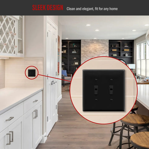 Double Light Wall Toggle Switch Plate 2 Gang Mid Size 4.88 By 4.92 Inches Built Tough Unbreakable Polycarbonate Thermoplastic Heat And Fade Resistant UL Listed Black Finish Model 8812M BK installed in kitchen.