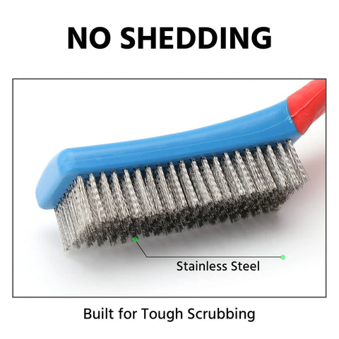 Close-up of the Rust Removal Wire Brush With Ergonomic Handle, featuring stainless steel bristles for effective metal surface cleaning.