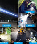 Rechargeable LED Headlamp With 5000 Lumens for adults showing use in outdoor, reading, repair, adventure, miner, and camping scenarios.