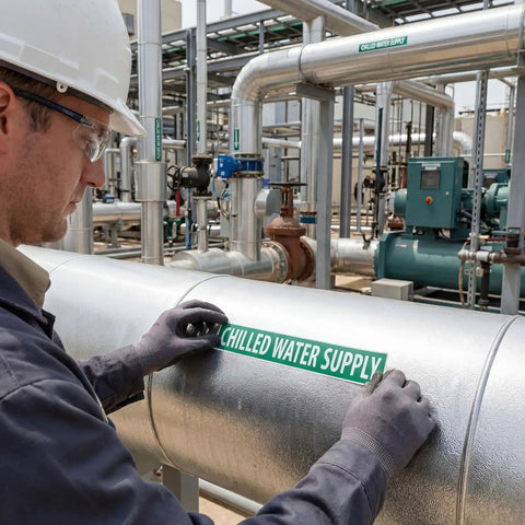 25 Pack Chilled Water Pipe Markers Vinyl Label Decals White On Green 14 Inch Long By 2 Inch High 1 1/4 Inch Letter Size Bulk For Factories And Labs Durable Weather Resistant Vinyl For Easy Identification Across Large Facilities. Worker applying chilled water supply vinyl pipe marker