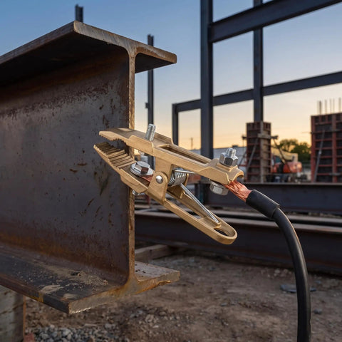 Heavy Duty Brass Welding Ground Clamp For Stick Mig Tigs And Cutting Tasks With Secure Locking Set Screws For Solid Earth Wire Connection In Professional Shop Settings attached to steel beam.