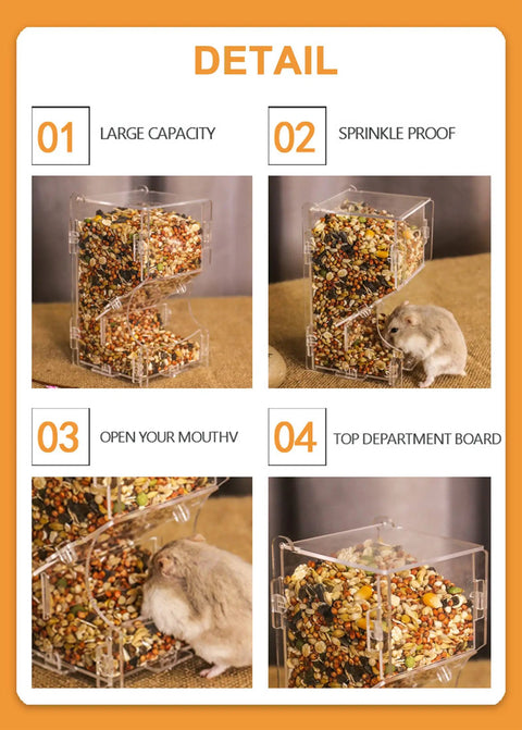 Two Piece Hamster Automatic Feeder Set With Heavy Duty Bracket And Easy Pour Spoons No Drama Small Animal Food Dispenser For Rodents And Little Furballs Definitely A Solid Bet, showing large capacity and sprinkle proof design.
