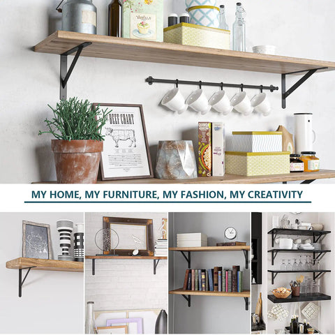 Rock Solid Heavy Duty Shelf Brackets 6 Pack Steel Wall Mount L Brackets 11.8 By 7.5 Inch supporting decorative shelves.