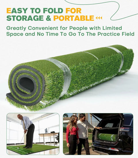 Rolled Dual Turf Golf Mat 5x4ft with 10mm and 15mm high elasticity base, portable for indoor outdoor practice green storage.