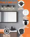 4 Light Black Bathroom Vanity Light Fixtures With Rustic Farmhouse Style Over Mirror; showing metal frame and glass shades