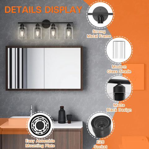 4 Light Black Bathroom Vanity Light Fixtures With Rustic Farmhouse Style Over Mirror; showing metal frame and glass shades