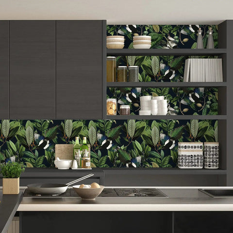Tropical Jungle Leaves Peel And Stick Wallpaper 17.7 By 118 Inches Vinyl Self Adhesive Green Floral Wall Covering With Exotic Birds And Fruits