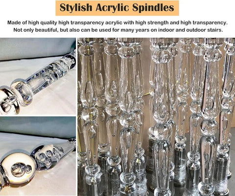 Premium Clear Acrylic Stair Spindles Deck Railing Kit With Slick Transparent Finish And Straight Up Easy Install Hardware For Modern Staircase Baluster Upgrade Kits - close-up and detailed views of stylish acrylic spindles.
