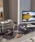 Desk with Navy Marble Peel And Stick Countertop Paper 30x236 Self Adhesive Vinyl Wallpaper, glossy finish with computer setup
