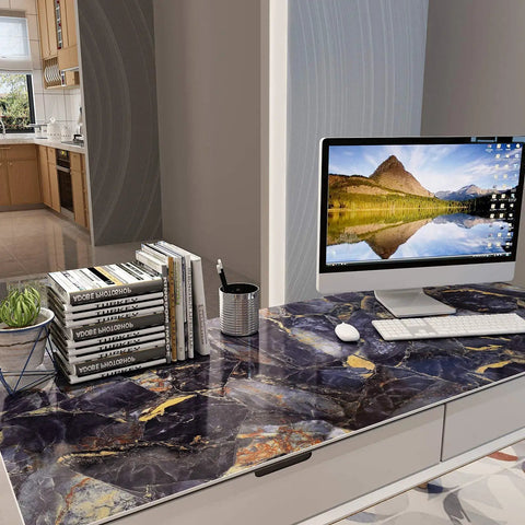 Desk with Navy Marble Peel And Stick Countertop Paper 30x236 Self Adhesive Vinyl Wallpaper, glossy finish with computer setup