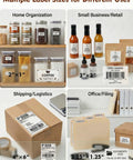 Examples of different label sizes used in home organization, small business, shipping logistics, and office filing applications.