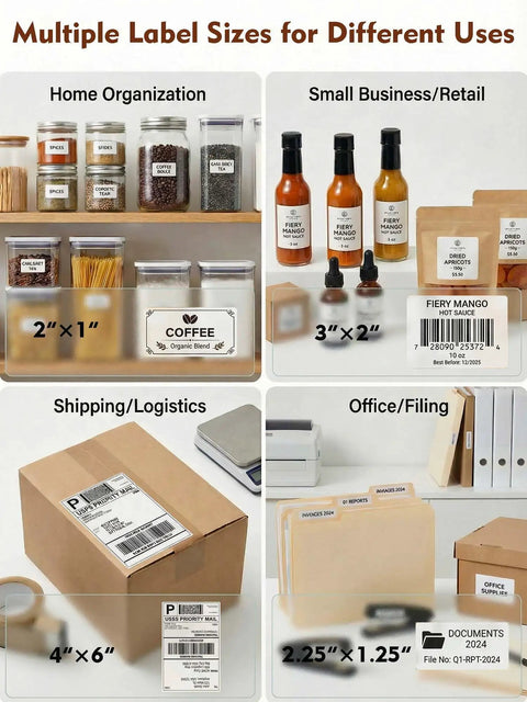Examples of different label sizes used in home organization, small business, shipping logistics, and office filing applications.