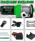 STEGODON 2500-lb ATV/UTV electric winch with steel cable and hook, green housing; includes wired and wireless remotes.