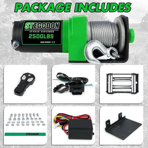 STEGODON 2500-lb ATV/UTV electric winch with steel cable and hook, green housing; includes wired and wireless remotes.
