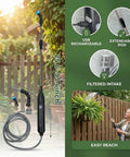 Rechargeable Cordless High Reach Plant Waterer with Telescoping Wand, adjustable 25.6-33.4 inches, two nozzles, long hose shown.