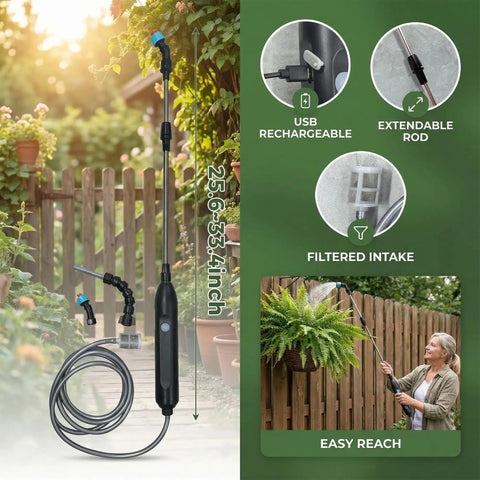 Rechargeable Cordless High Reach Plant Waterer with Telescoping Wand, adjustable 25.6-33.4 inches, two nozzles, long hose shown.