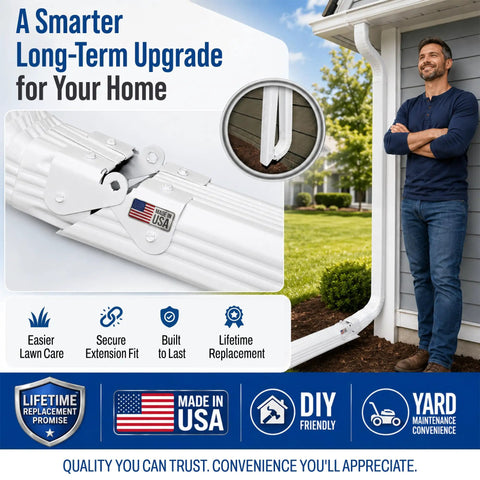 Flip Up Downspout Gutter Hinge For No Sweat Lawn Care And Smooth Yard Clearance White Durable Rain Water Drainage Extension Clip with installation view.