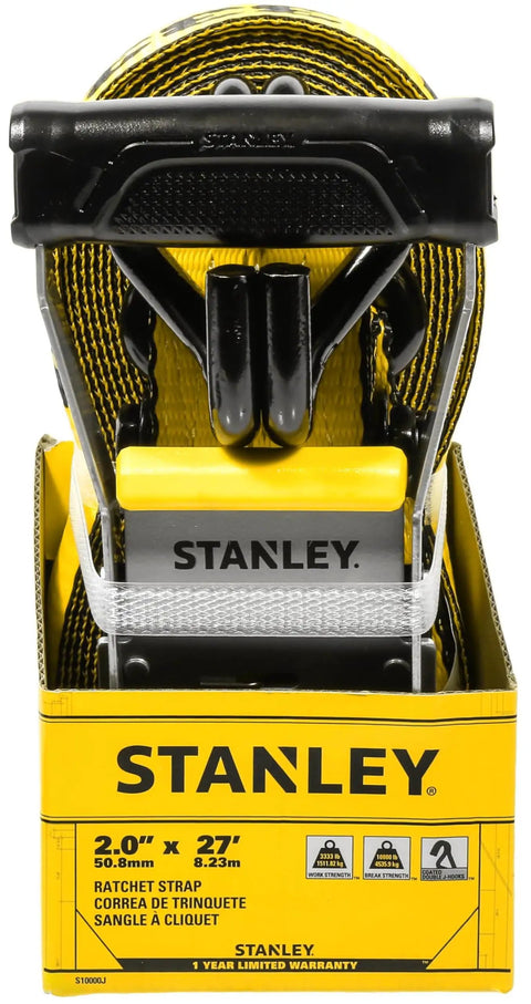 Heavy Duty Ratchet Strap 2 X 27 Feet Featuring A Tough As Nails 10000 Pound Rating in packaging with yellow webbing and black hooks.