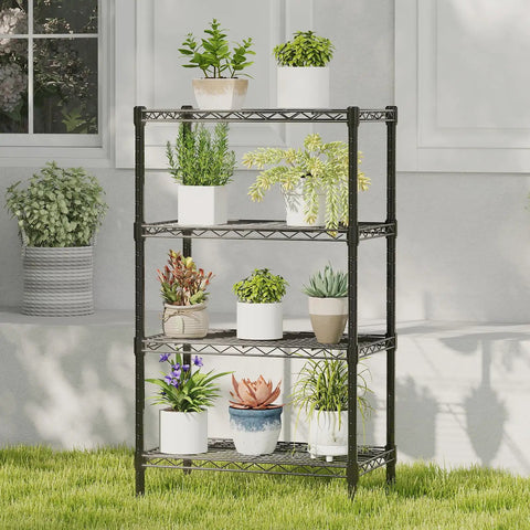 Beefy 4 Tier Wire Storage Shelves With 200 Lbs Per Shelf Capacity, Heavy Duty Steel Rack With Black Finish For Kitchen, Garage, Pantry, And Workshop Organization with potted plants