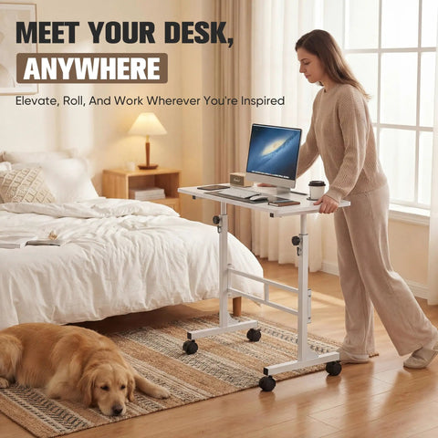 Adjustable Standing Desk On Wheels For Treadmills And Home Offices with lockable wheels in bedroom with laptop