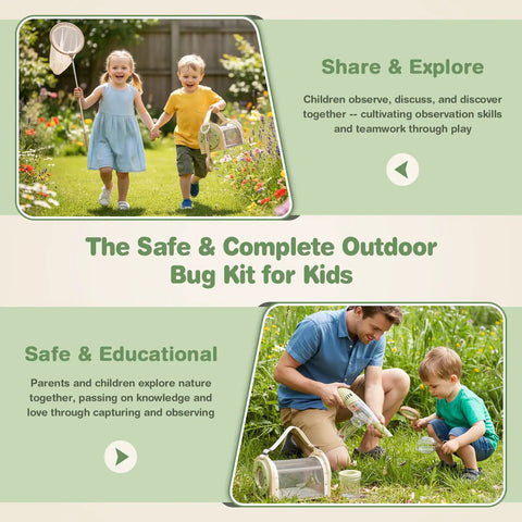 Eleven In One Wooden Bug Catching Kit For Kids Ages 4 8 Outdoor Explorer Set with children using net and bug vacuum