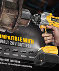 Rugged Cordless Impact Wrench Churning Out 1000 Ft Lbs Of Badass Torque, Fits Seamlessly With DeWalt 20V Batteries, in use.