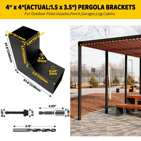 Heavy Duty Galvanized Steel Pergola Brackets Kit For 4 By 4 Inch Lumber L Shaped DIY Corner Brackets For Patios Gazebos Outdoor Pergolas 4 Pack Matte Black Finish Rust Resistant diagram and usage example