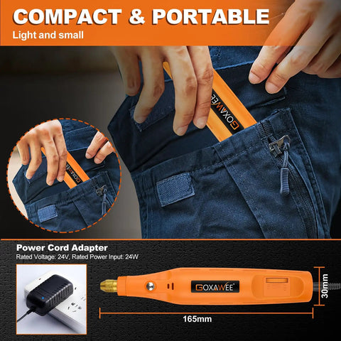 Person placing Corded Rotary Tool Kit With 105 Accessories in pocket, showing portability and compact size, with adapter view.