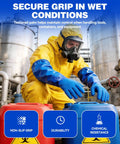 Heavy Duty Pvc Chemical Gloves With Waterproof Long Sleeve Cotton Liner Built For Hella Tough Industrial And Pool Tasks Featuring Straight Up Non Slip Grip In Blue Large Fighting Acid And Oil, worn while handling containers.