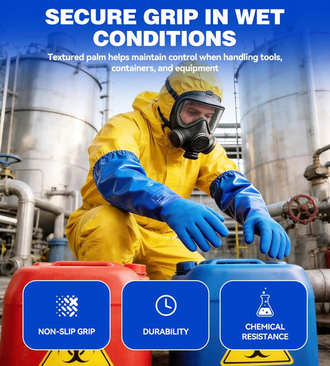 Heavy Duty Pvc Chemical Gloves With Waterproof Long Sleeve Cotton Liner Built For Hella Tough Industrial And Pool Tasks Featuring Straight Up Non Slip Grip In Blue Large Fighting Acid And Oil, worn while handling containers.