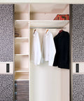 Recessed Pocket Door Pulls 6 Inch Black Stainless Steel Flush Pull Handles installed on patterned sliding closet doors.