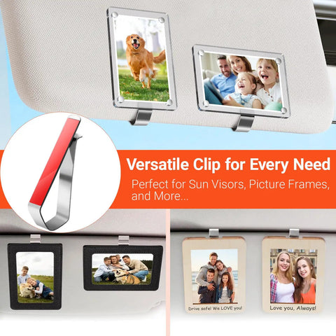 Sun Visor Clips Stainless Steel With 3M Adhesive For Custom Displays In Car, showing photos on a sun visor, 4 Pack