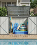 Heavy Duty Outdoor Trash Can Storage Shed With Chain Lid, Waterproof Metal Organizer for backyard, open view with pool toys inside.