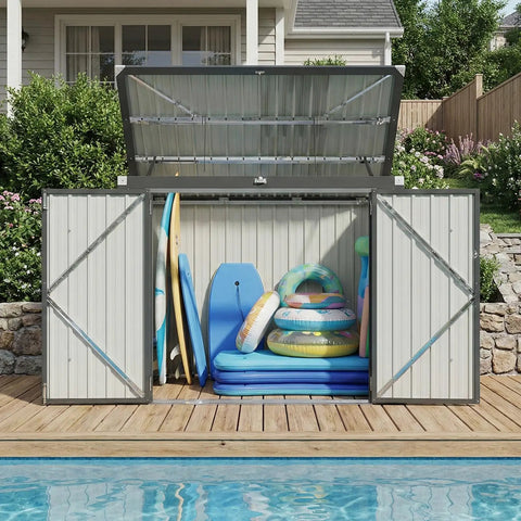 Heavy Duty Outdoor Trash Can Storage Shed With Chain Lid, Waterproof Metal Organizer for backyard, open view with pool toys inside.