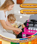 Parent and child assembling 2 In 1 Ride On Truck And Go Kart For Kids, 12V Battery Powered Ride On Car, pink with LED lights.
