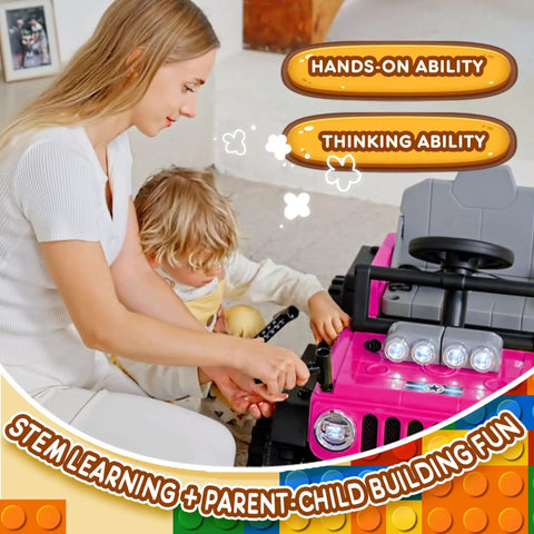Parent and child assembling 2 In 1 Ride On Truck And Go Kart For Kids, 12V Battery Powered Ride On Car, pink with LED lights.