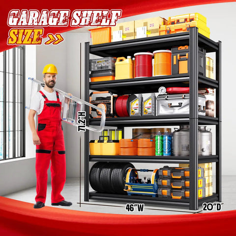 Beefy 5-Tier Heavy Duty Metal Garage Shelving Set 3 Pack with tools and boxes, 71.2H x 46W x 20D in garage setting