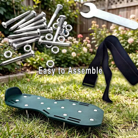 Lawn Aerator Shoes With Spikes For Heavy Duty Yard Work Four Adjustable Straps green PP plastic sole on grass, assembly tools
