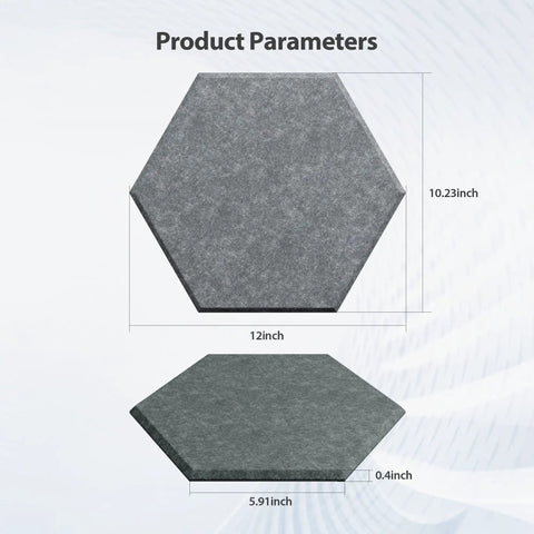 12 Pack Hexagon Acoustic Foam Panels With Heavy Duty Self Adhesive Backing To Muffle Background Noise And Tame Room Echoes, dimensions graphic showing sizes.